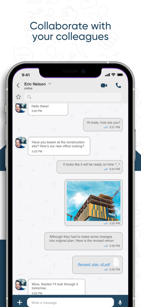 Uptime VoIP - Oberfläche der Uptime VoIP-App zeigt ein Chatgespräch mit einem Kollegen, einschließlich freigegebener Bilder und Dokumente