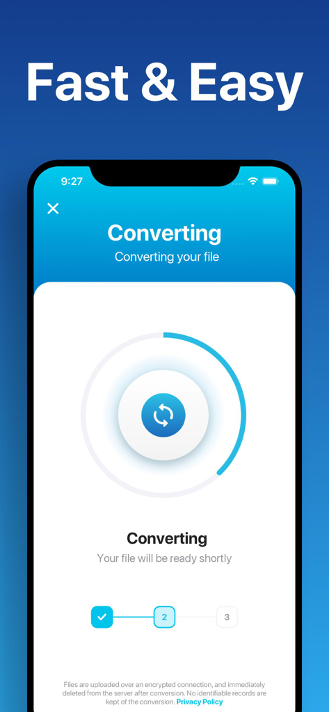 The Document Converter - Interfaz de la aplicación El Convertidor de Documentos mostrando una conversión de archivo en progreso con un indicador de progreso circular.