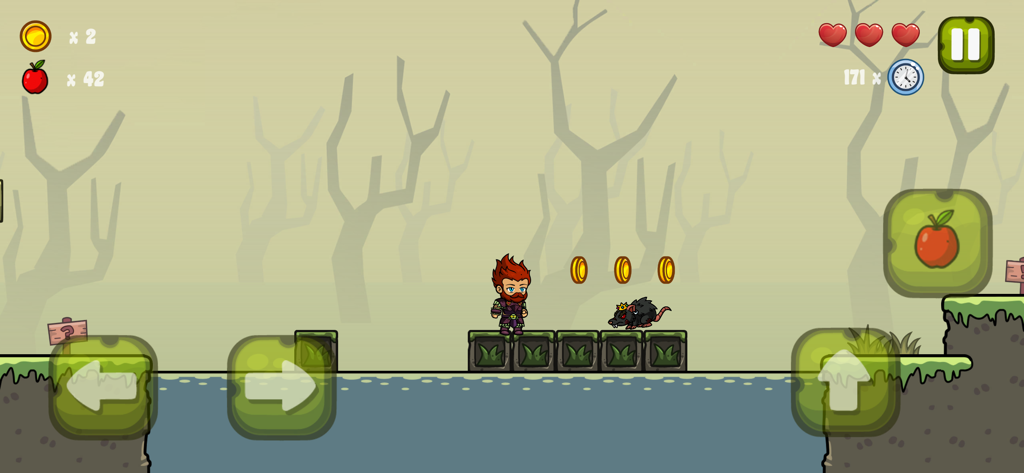 Nipo's World - Screenshot de gameplay de Nipo's World mostrando um personagem em uma plataforma em um nível de floresta nebulosa com moedas e inimigos