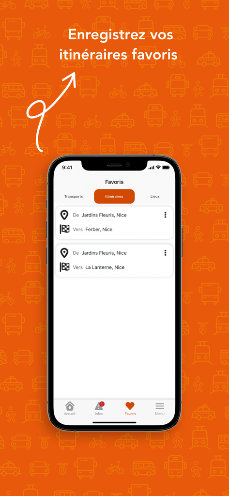 Lignes d’Azur Mobile - Interface de l'application Lignes d’Azur Mobile montrant les itinéraires de transport favoris enregistrés