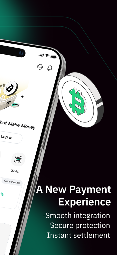 UPay Wallet mobile interface showing secure crypto payment features with Bitcoin icon and instant settlement text.
