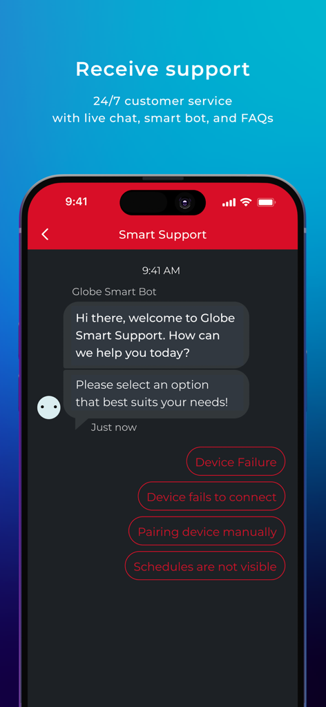 Interface of Globe Suite app smart support showing a chatbot with options for device troubleshooting