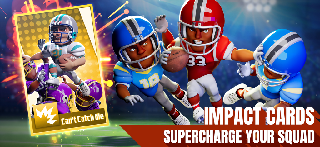 Big Win Football 2026 - Imagen promocional del juego Big Win Football 2026 con jugadores de caricatura y cartas de Impacto para potenciar tu escuadrón