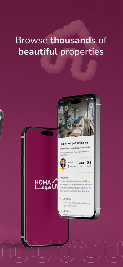 Homa‎ - Una interfaz móvil para la aplicación Homa que muestra un listado de propiedades de lujo con fotos de alta calidad y reseñas de huéspedes