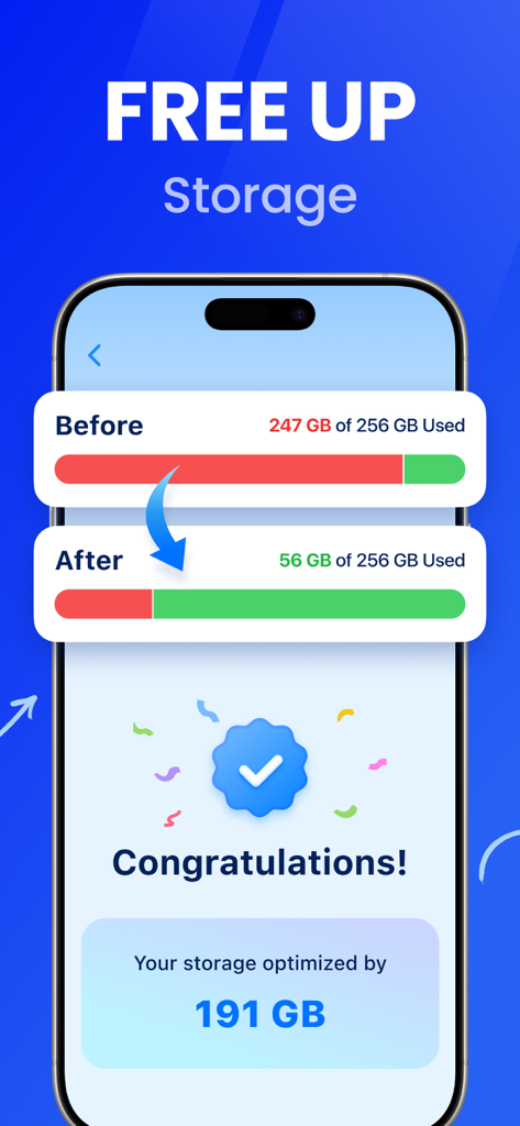 CleanCraft: Clean Up Storage - 191GBのスペースが解放された、iPhoneのストレージの変更前後の比較画面。