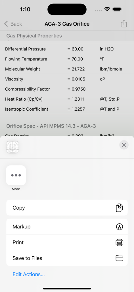 AGA-3 Orifice app displaying gas physical properties calculation results.
