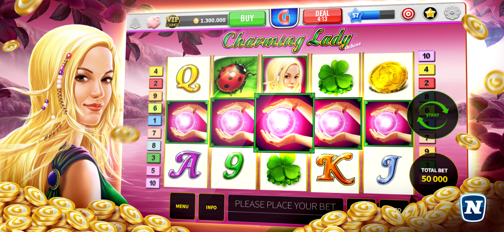 Gameplay of the Charming Lady deluxe slot machine in the Gaminator Casino app featuring golden coins and a blonde character.
