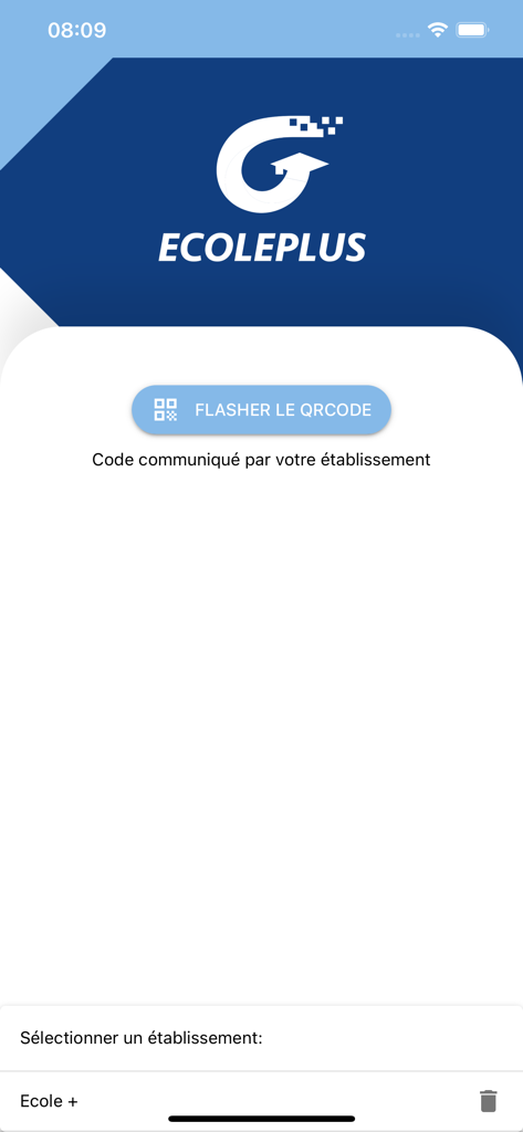 G-EcolePlus - Pantalla de la aplicación G-EcolePlus para escanear un código QR escolar y seleccionar un establecimiento
