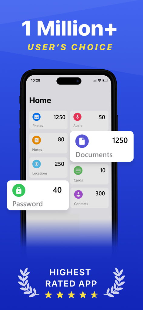 Photo Vault & App Lock Safedoc - Pantalla de inicio de la aplicación SafeDoc que muestra varias categorías de almacenamiento seguro como fotos, documentos y contraseñas