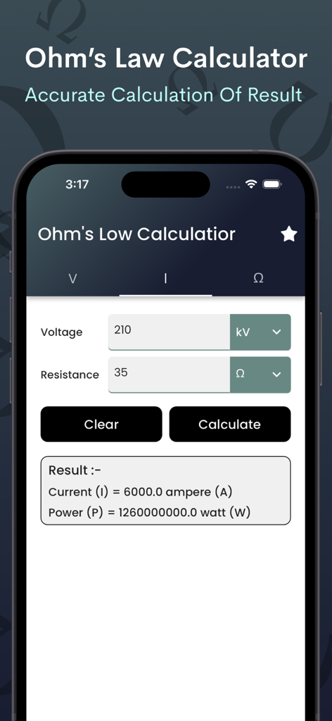 Ohms Law Calculator - voltage - 전압 및 저항 입력 필드와 iPhone에서 계산된 전류 및 전력 결과를 보여주는 옴의 법칙 계산기 앱의 스크린샷.