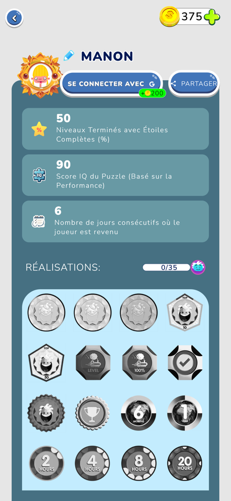 User profile dashboard showing puzzle stats and a collection of achievement badges.
