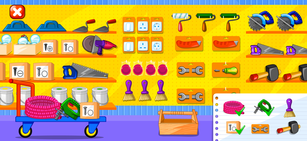 Ein farbenfrohes Baumarkt-Level in einem Kinderspiel, das Regale voller Werkzeuge und eine Einkaufsliste zeigt
