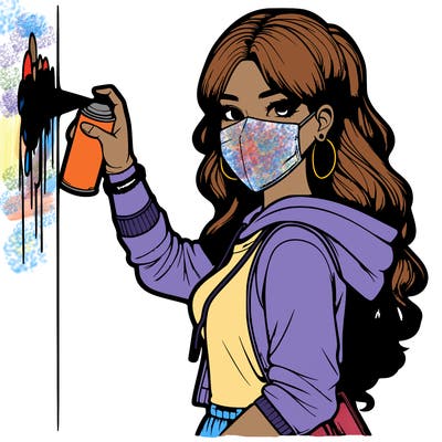realistic girl with mask spray painting a wall