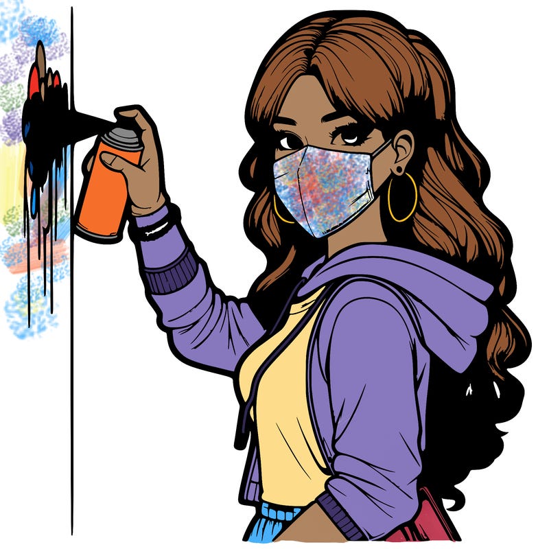 realistic girl with mask spray painting a wall