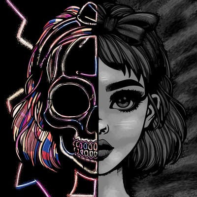 realistic girl with half skull mask