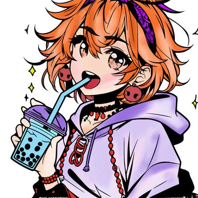hot baddie anime girl drinking boba and biting the straw