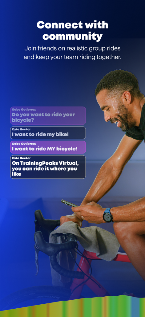 TrainingPeaks Virtual Cycling - Un cycliste sur un home trainer se connectant avec des amis via des fonctionnalités de chat de groupe virtuel