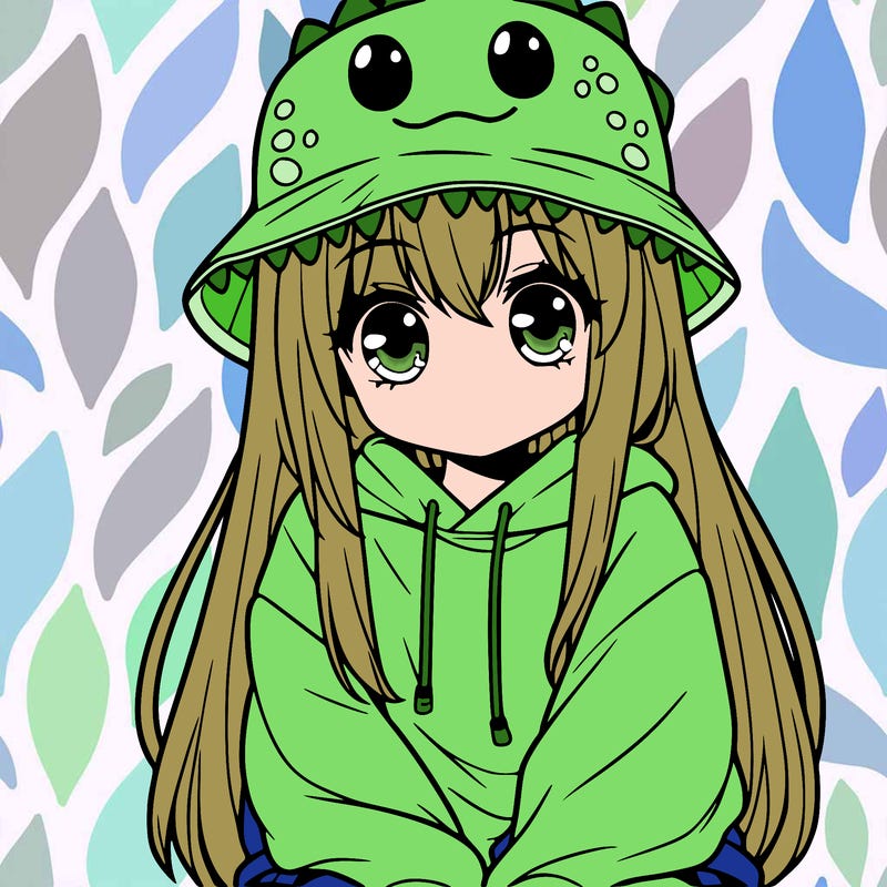 girl with anime shaped eyes with a dinosaur bucket hat oversized sweatshirt long straight hair