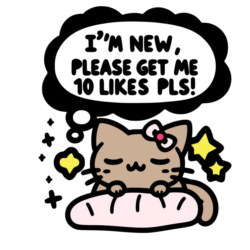 kitty taking a nap dream talking and saying "i'm new, please get me at least 10 likes pls!!"