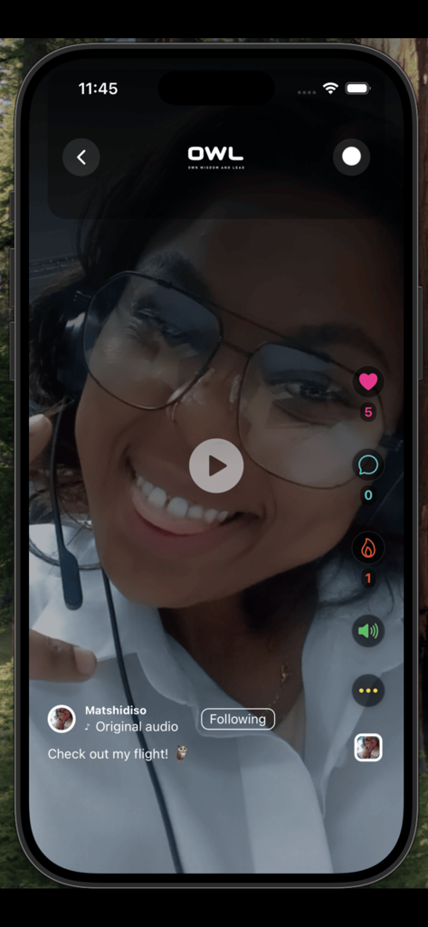 OWL Platform - Interface móvel da Plataforma OWL mostrando o recurso de vídeo curto Voos com um vídeo de usuário