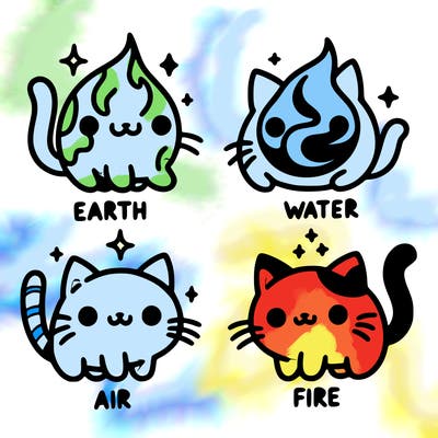 4 cats that represent the different elements, earth, water, air, and fire