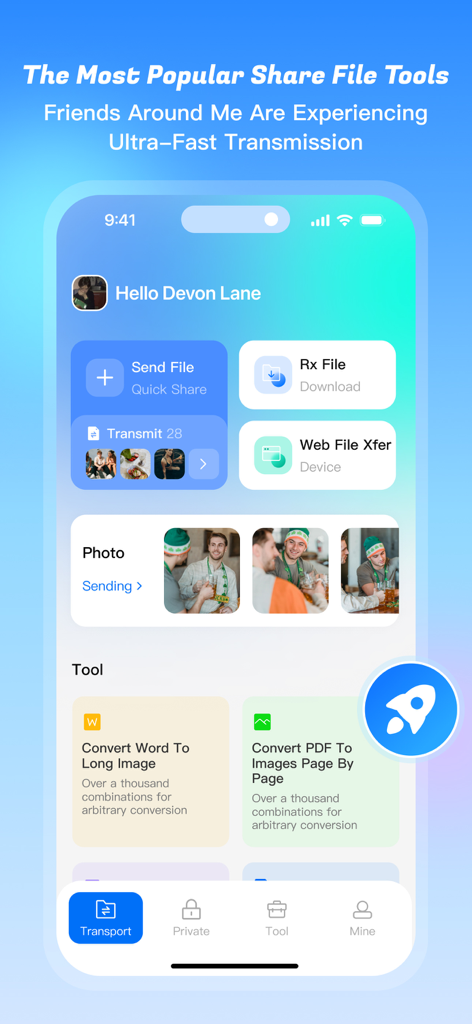 Share File：Smart Transfer Data - Der Startbildschirm der NeTransfer-App, der Funktionen zur Dateifreigabe und -konvertierung anzeigt.