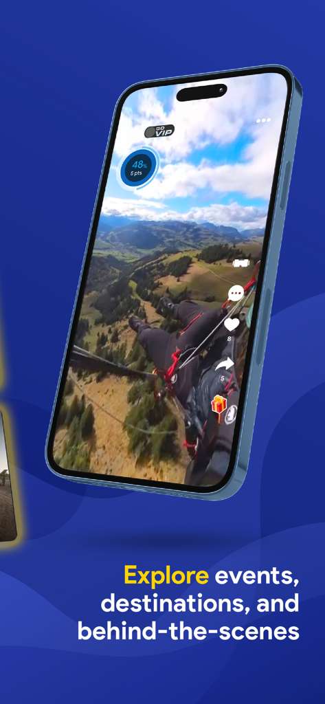 VUZ: Live 360 VR Videos - Smartphone displaying a 360-degree immersive paragliding video in the VUZ app.