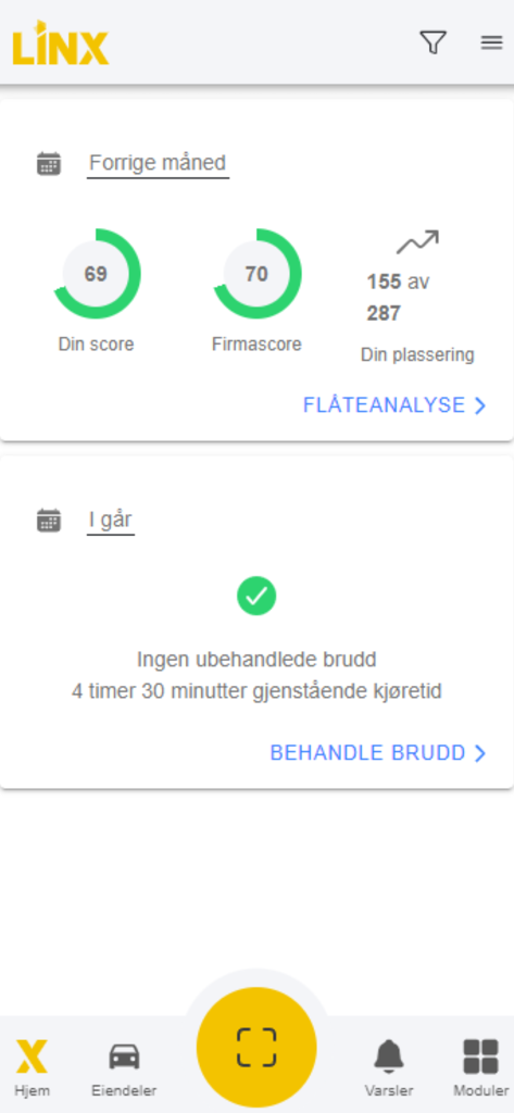 Linx - Linx mobile app dashboard displaying driver performance scores and remaining driving time.