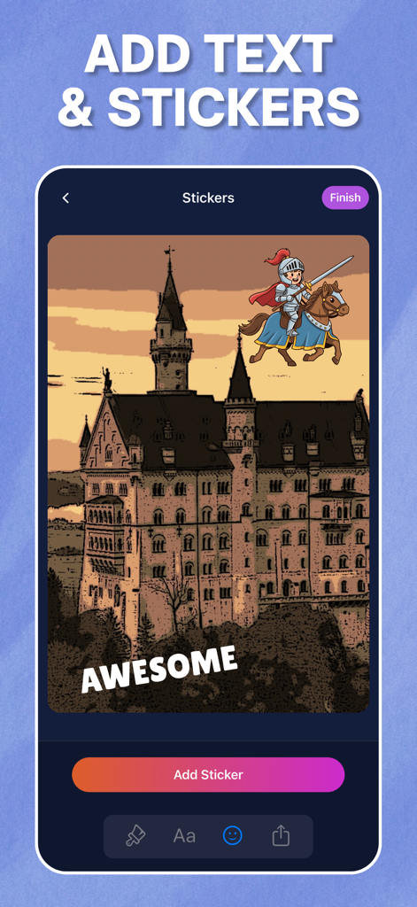 Photo to Sketch - Drawiq - Añadiendo pegatinas de cómic y leyendas de texto a un boceto a lápiz de un castillo en la aplicación Drawiq.