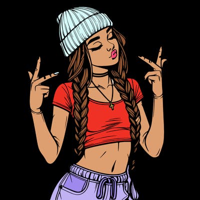 realistic teenage girl with braids and a beanie and crop top doing 🫶🏼