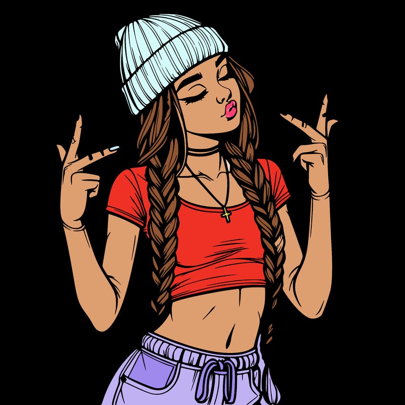 realistic teenage girl with braids and a beanie and crop top doing 🫶🏼