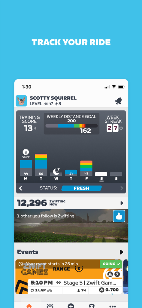 Zwift Companion 앱 대시보드, 사용자의 주간 거리 목표, 훈련 점수 및 활동 연속 기록 표시