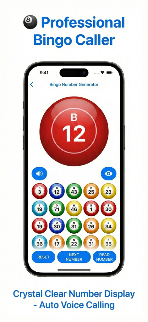 Bingo Number Caller - Interface of the Bingo Number Caller app showing a large called number and a grid of history balls