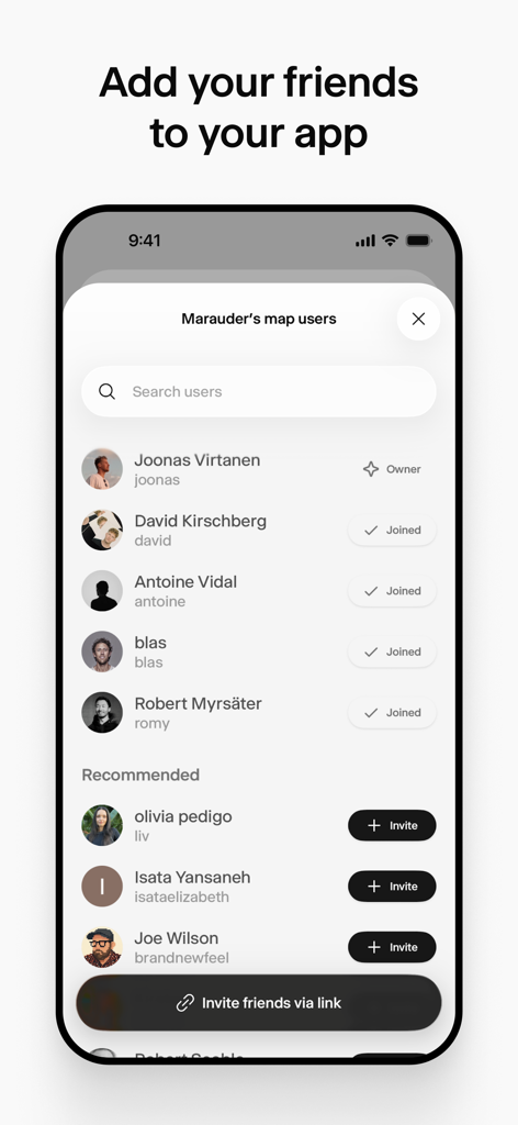 Wabi - La interfaz de usuario de la app Wabi muestra una lista de amigos para añadir e invitar a una miniapp personalizada.