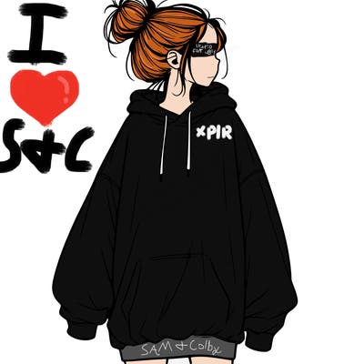 realistic girl with a oversized sweatshirt on and a bun