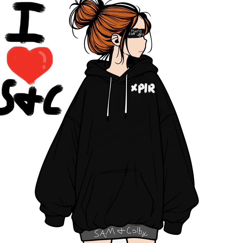 realistic girl with a oversized sweatshirt on and a bun