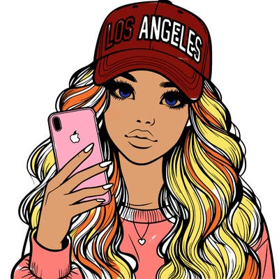 realistic beautiful girl wearing los ángeles cap holding an iphone