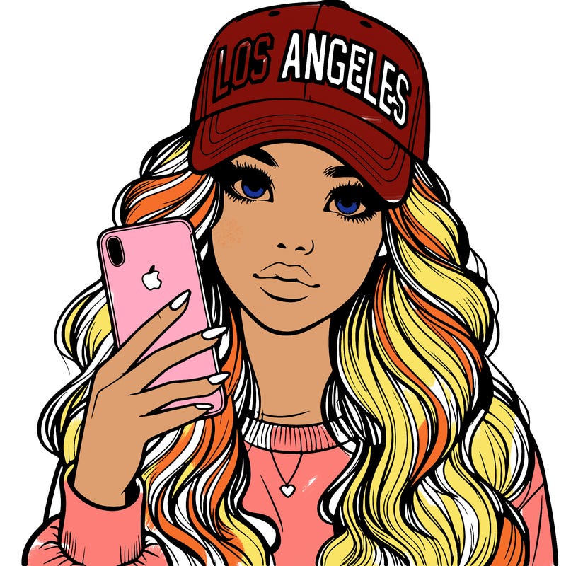 realistic beautiful girl wearing los ángeles cap holding an iphone
