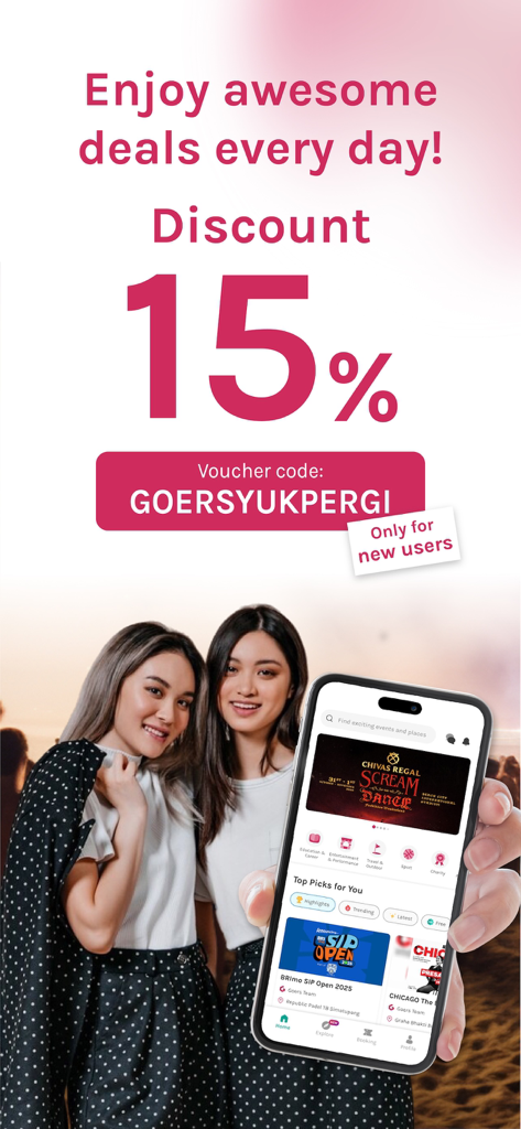 Pantalla promocional de la app GOERS ofreciendo un quince por ciento de descuento para nuevos usuarios con un código de cupón