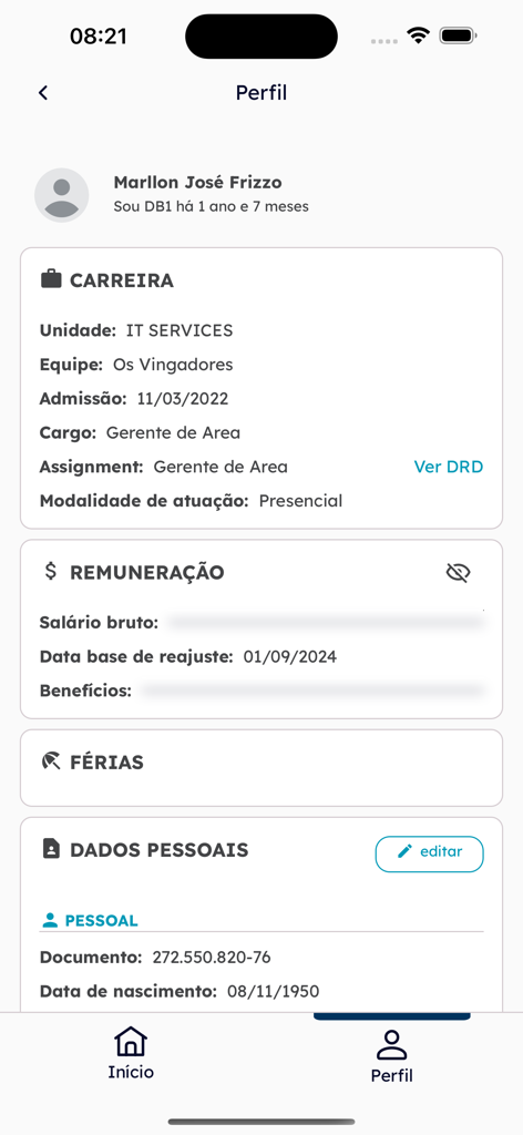 MySpace - A mobile app screen showing an employee profile with sections for career details, compensation, and personal information