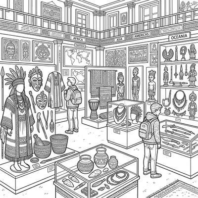 This intricate coloring page invites teens to explore a rich ethnography museum filled with fascinating cultural artifacts. It's designed to spark curiosity about diverse traditions while offering a wonderfully detailed canvas for creative expression.