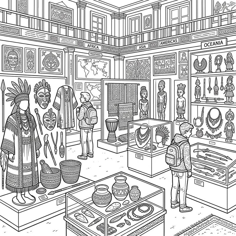 This intricate coloring page invites teens to explore a rich ethnography museum filled with fascinating cultural artifacts. It's designed to spark curiosity about diverse traditions while offering a wonderfully detailed canvas for creative expression.