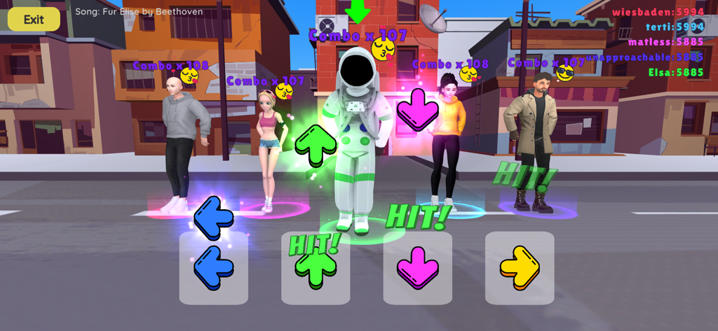 Dance Battle 3D - Characters dancing in a 3D city street during a music rhythm battle with colorful arrows and combo scores