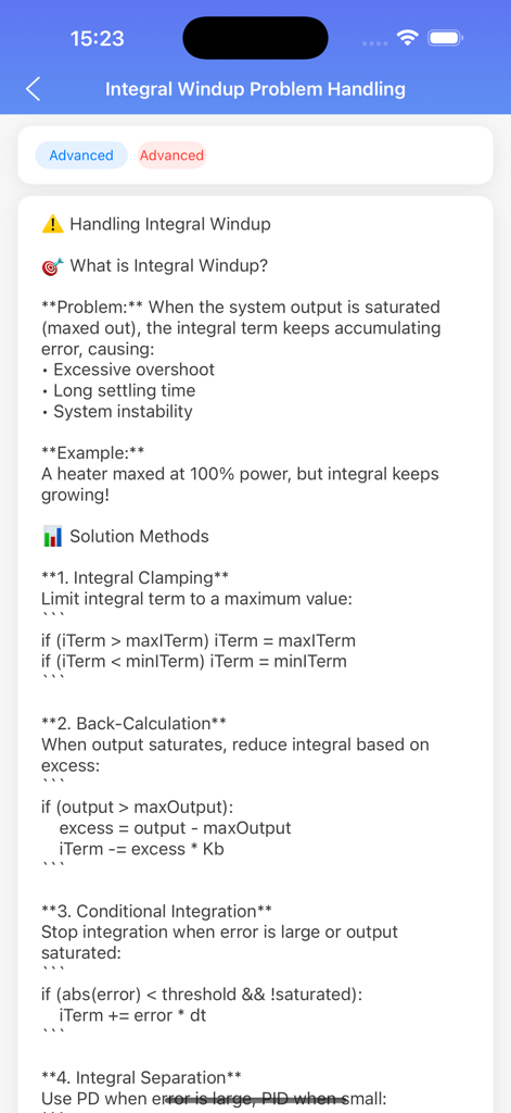 PID Controller Simulation - Educational screen from a PID simulation app explaining integral windup problems and technical solution methods like clamping and back calculation.
