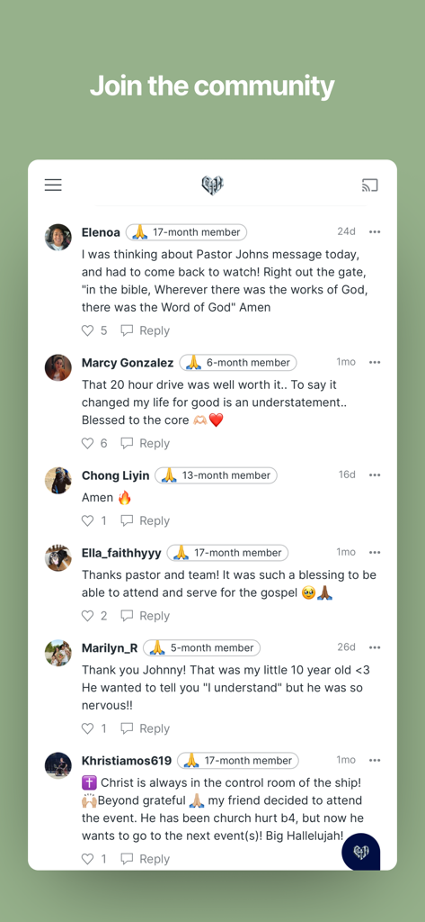 Core of the Heart - A community feed in the Core of the Heart app showing user comments and membership badges