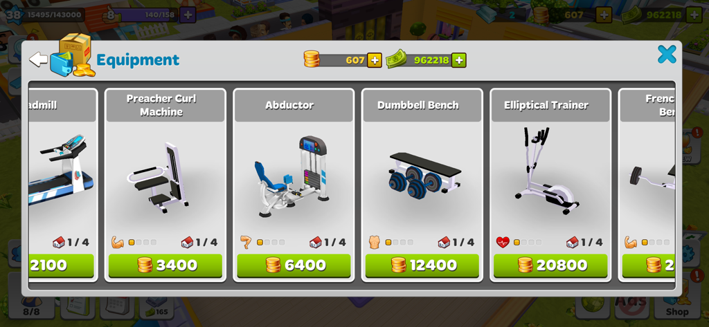 My Gym: Fitness Studio Manager - マイジムフィットネススタジオマネージャーのゲーム内機器ストアメニュー。さまざまなジムマシンとそのコイン価格が表示されています。