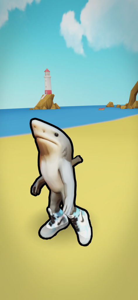 Dancing Rat Meme Generator - A 3D shark character wearing sneakers standing on a beach with a lighthouse