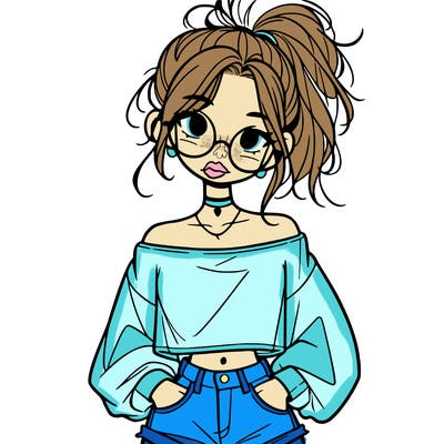 girl with a messy ponytail glasses a baggy crop top and jean shorts