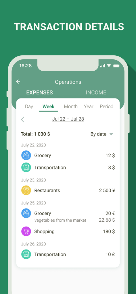 Money manager, expense tracker - Pantalla de detalles de transacciones semanales que muestra gastos categorizados en varias divisas.