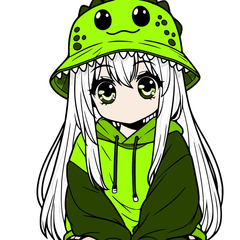 girl with anime shaped eyes with a dinosaur bucket hat oversized sweatshirt long straight hair